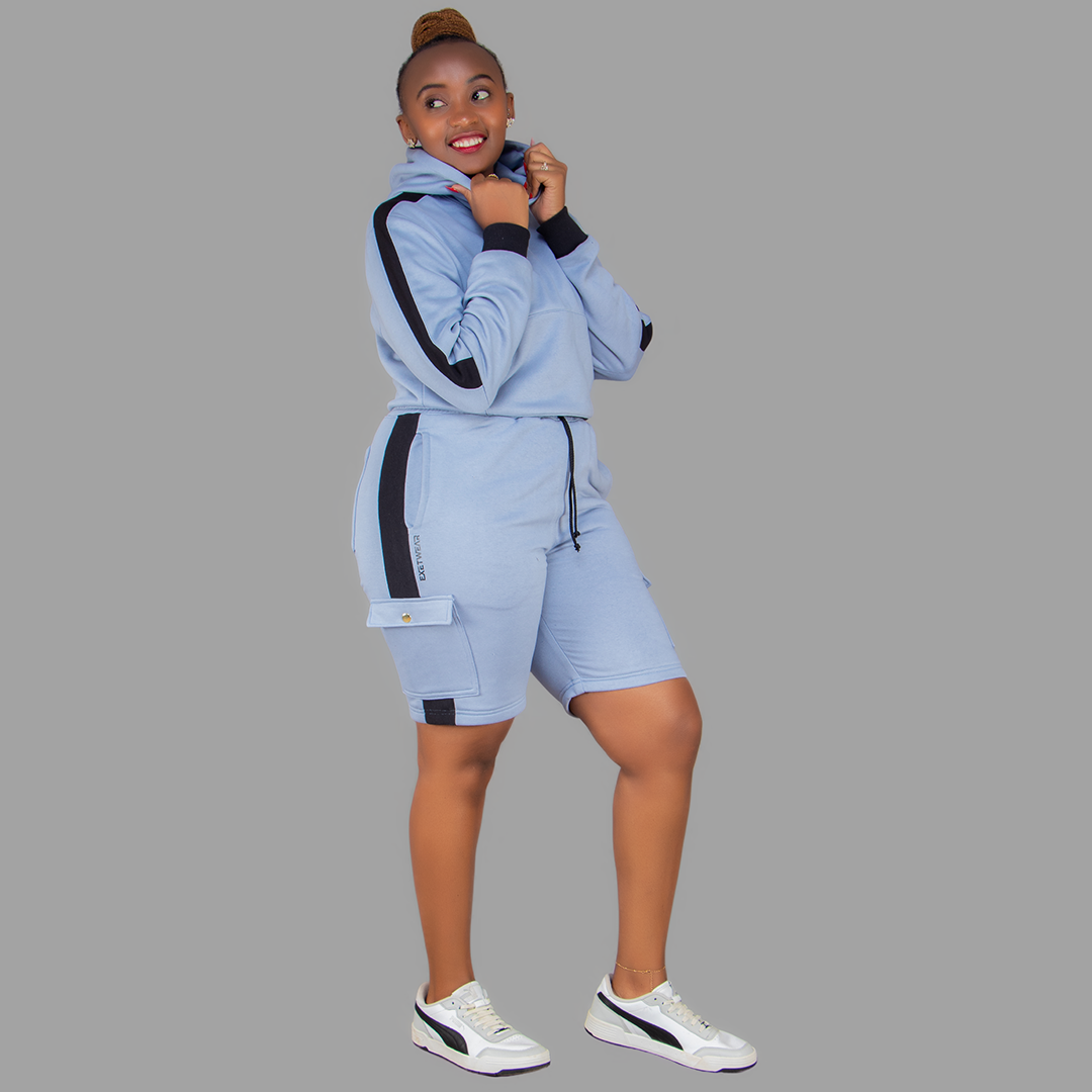 Women Sky Blue/Black Sweatshort Set