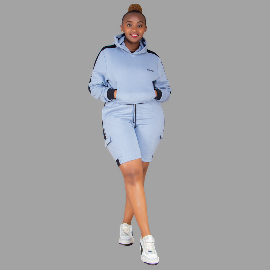 Women Sky Blue/Black Sweatshort Set