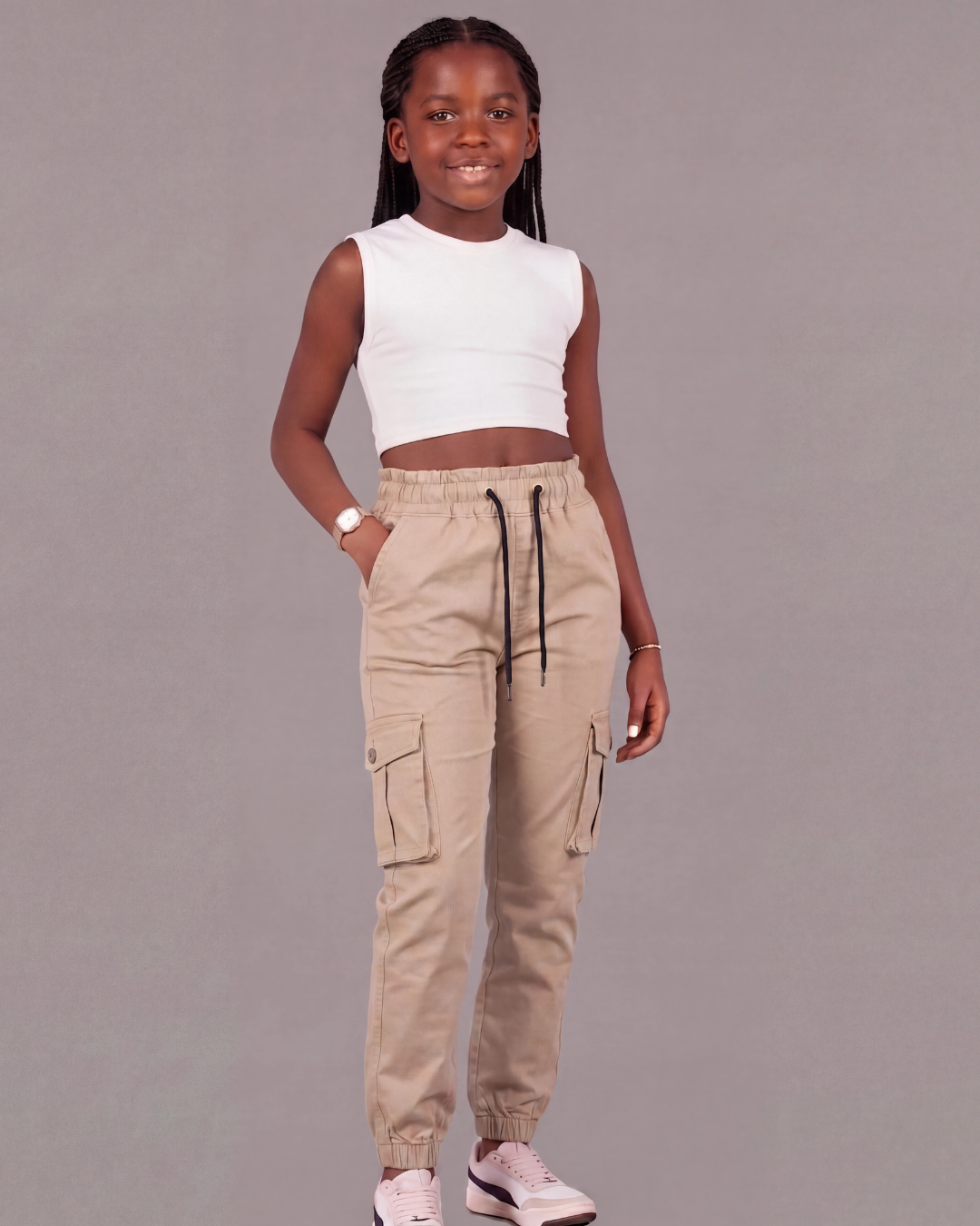 Girls’ Cotton Twill Cargo Pants — Tapered Fit