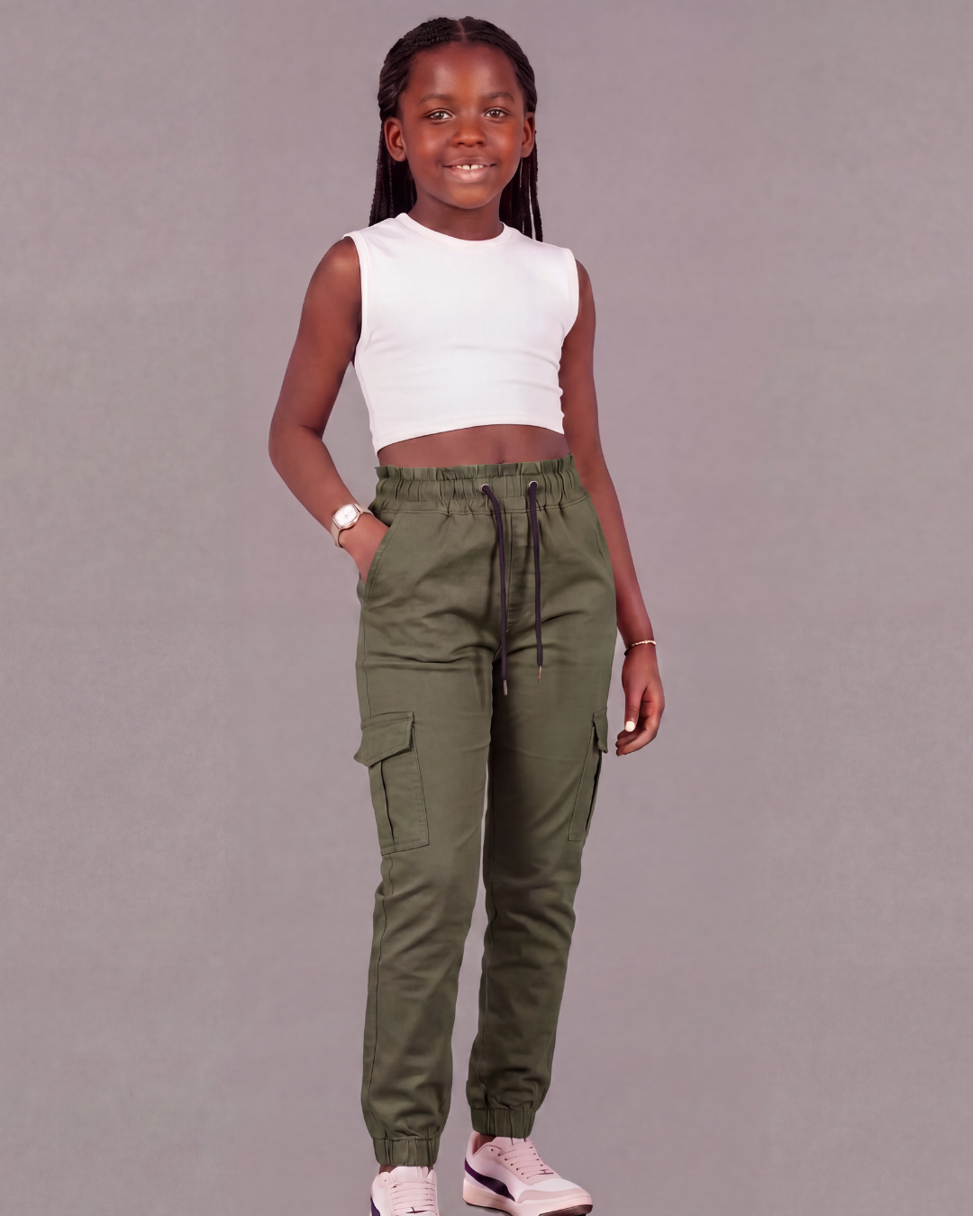 Girls’ Cotton Twill Cargo Pants — Tapered Fit