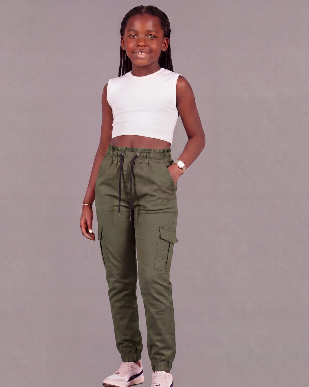 Girls’ Cotton Twill Cargo Pants — Tapered Fit