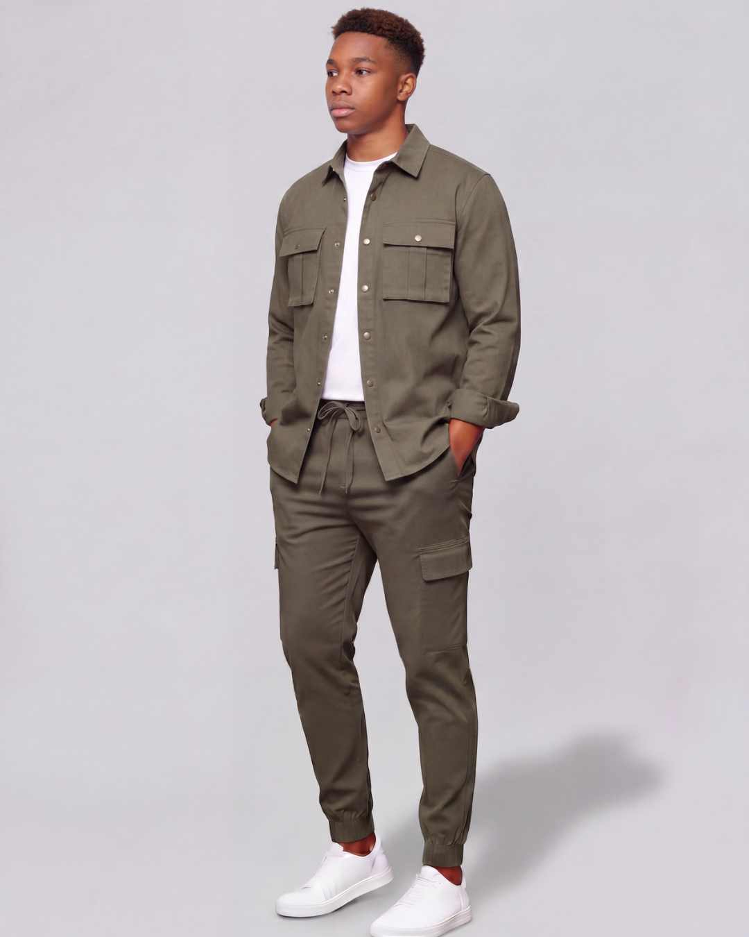 Boys' Cotton Twill Cargo Pants — Tapered Fit + Long-Line Overshirt Set