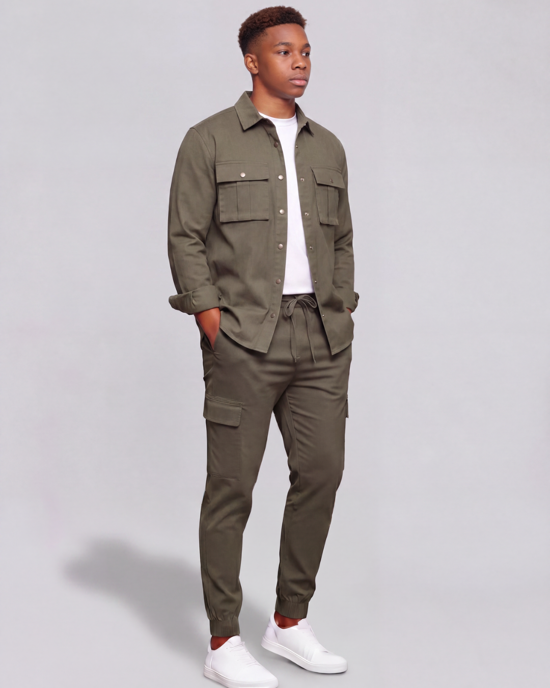 Boys' Cotton Twill Cargo Pants — Tapered Fit + Long-Line Overshirt Set