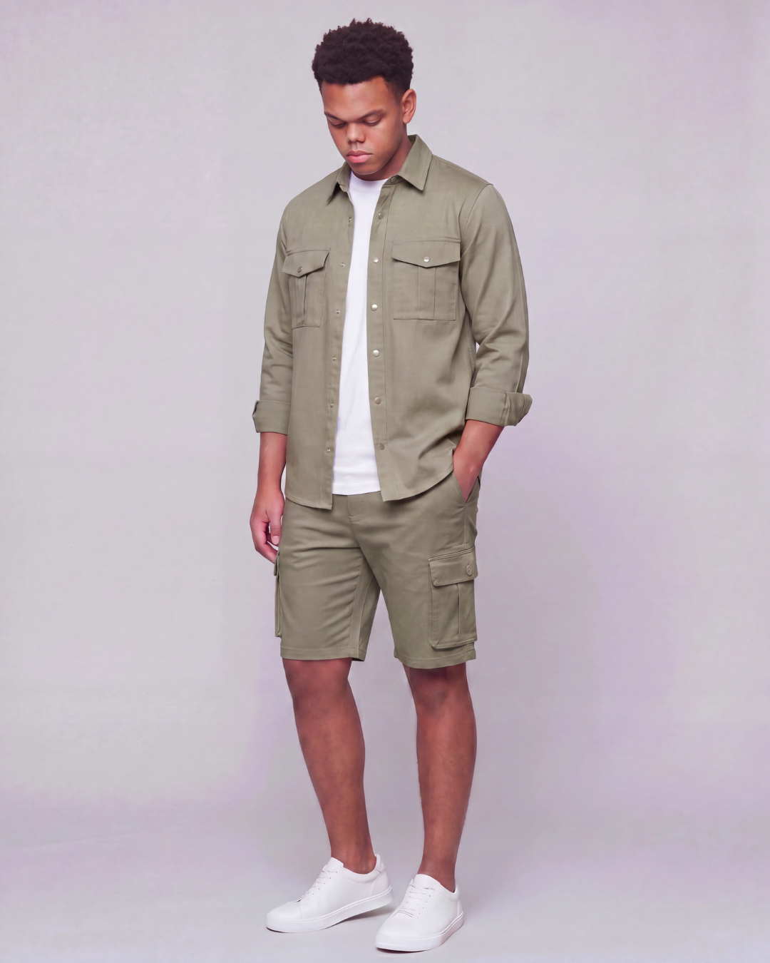 Boys' Relaxed Cargo Shorts + Snap-Button Overshirt Set
