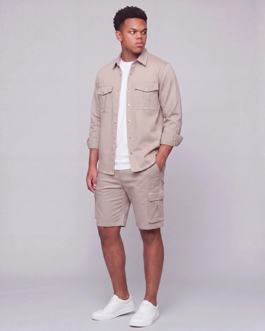 Boys' Relaxed Cargo Shorts + Snap-Button Overshirt Set