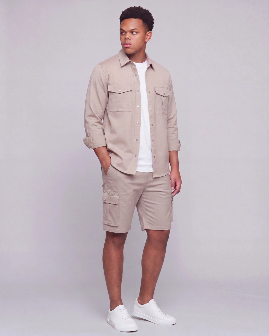 Boys' Relaxed Cargo Shorts + Snap-Button Overshirt Set