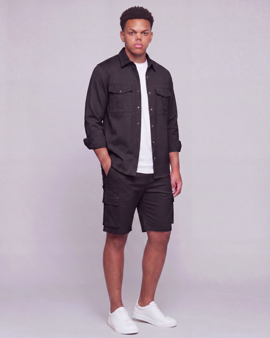 Boys' Relaxed Cargo Shorts + Snap-Button Overshirt Set