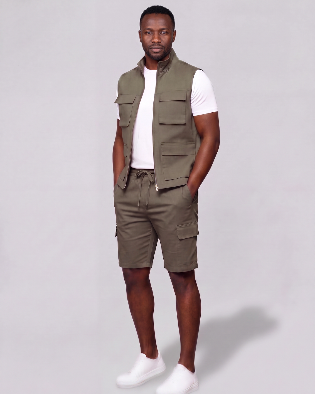 Men's Tapered Cargo Shorts + Twill Vest Set