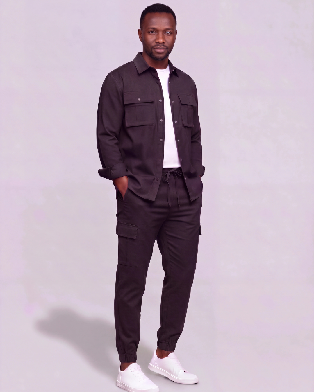 Men's Cotton Twill Cargo Tapered Pants + Long-Line Overshirt Set