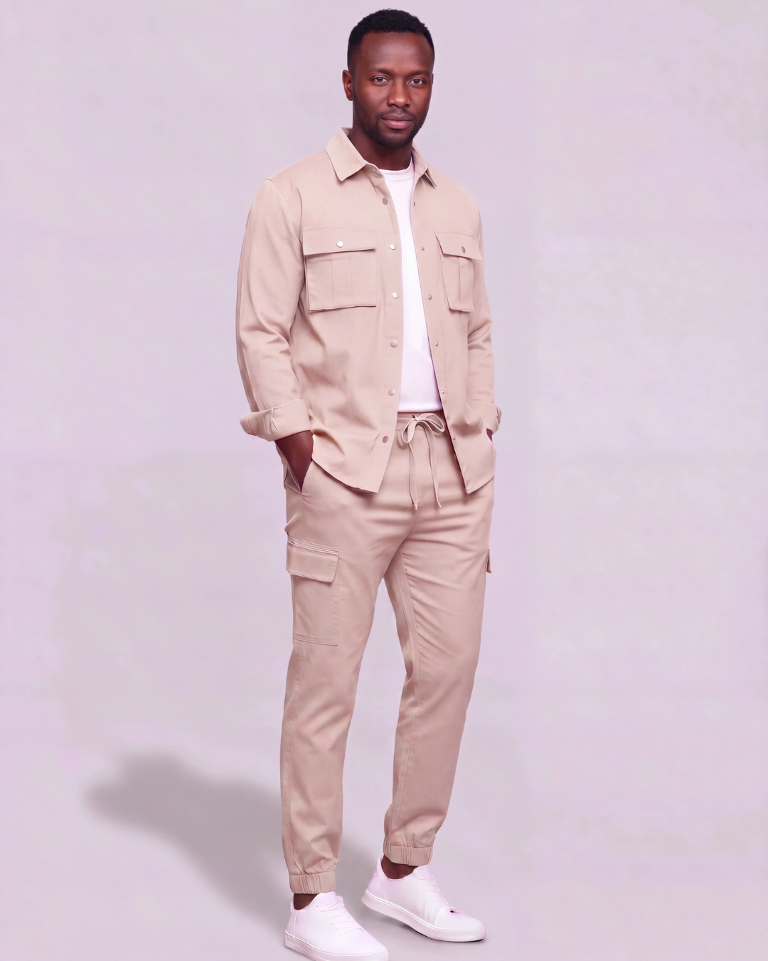 Men's Cotton Twill Cargo Tapered Pants + Long-Line Overshirt Set