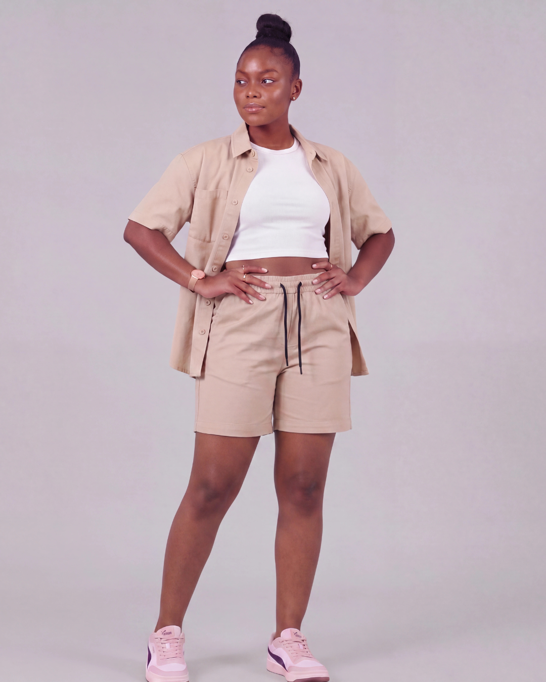 Women's Drawstring Chino Shorts + Short-Sleeve Overshirt Set