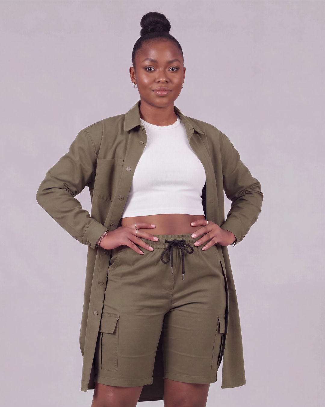 Women's Tapered Cargo Shorts + Long-Line Overshirt Set