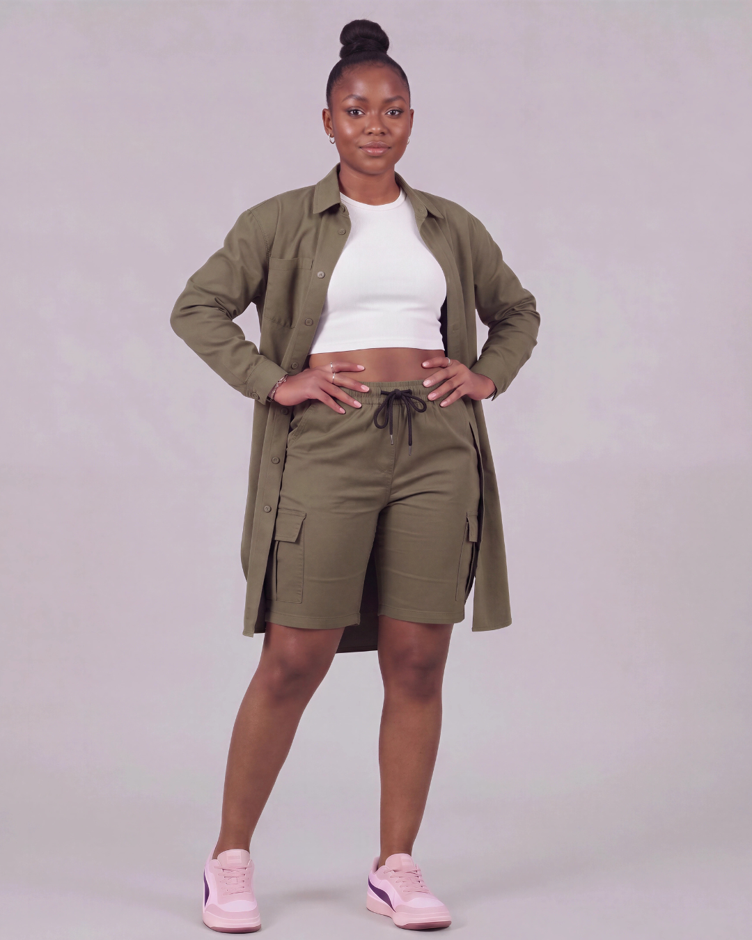 Women's Tapered Cargo Shorts + Long-Line Overshirt Set