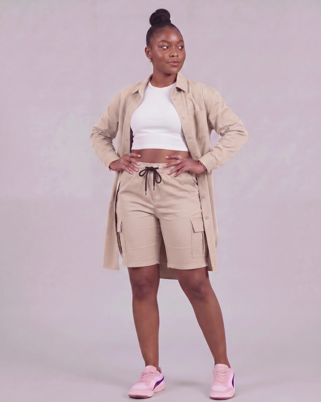 Women's Tapered Cargo Shorts + Long-Line Overshirt Set