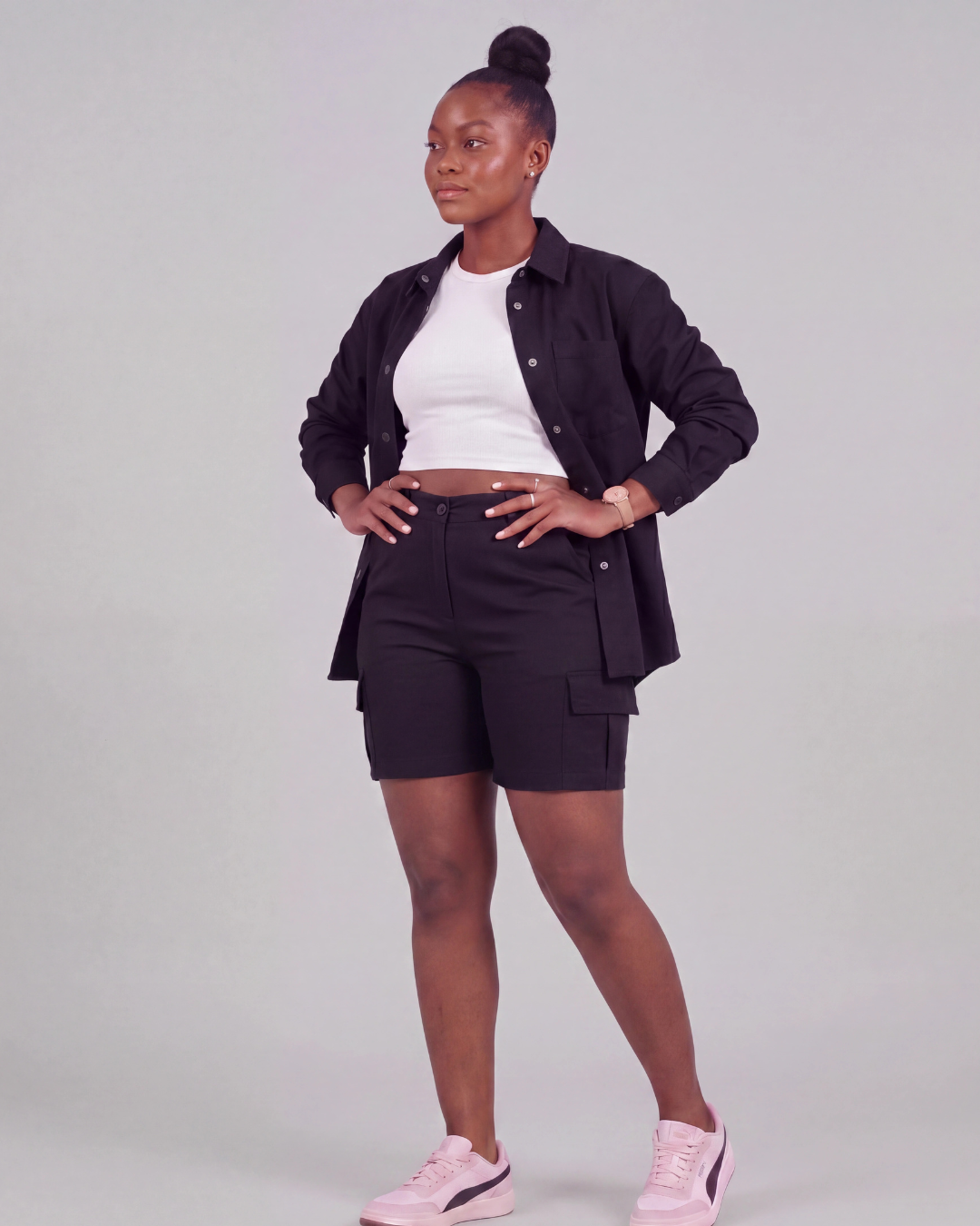 Women's Relaxed Cargo Shorts + Snap-Button Overshirt Set