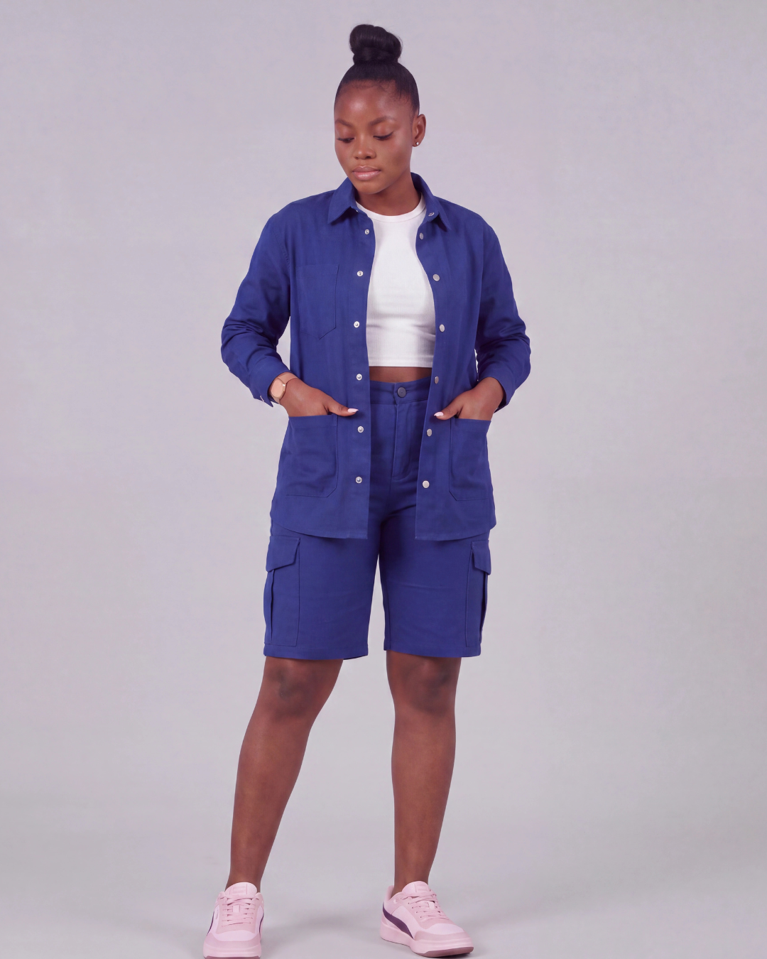 Women's Relaxed Cargo Shorts + Snap-Button Overshirt Set