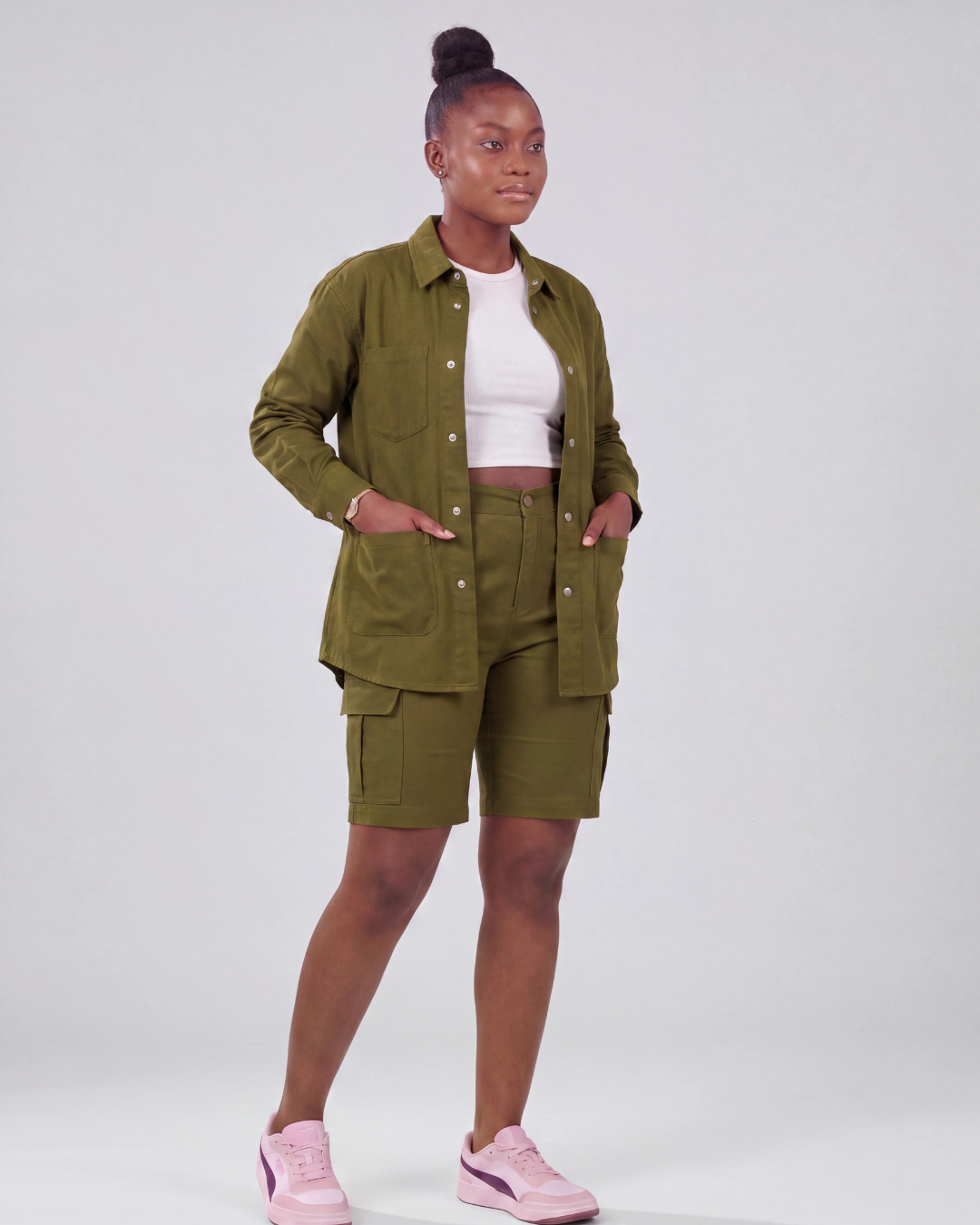 Women's Relaxed Cargo Shorts + Snap-Button Overshirt Set