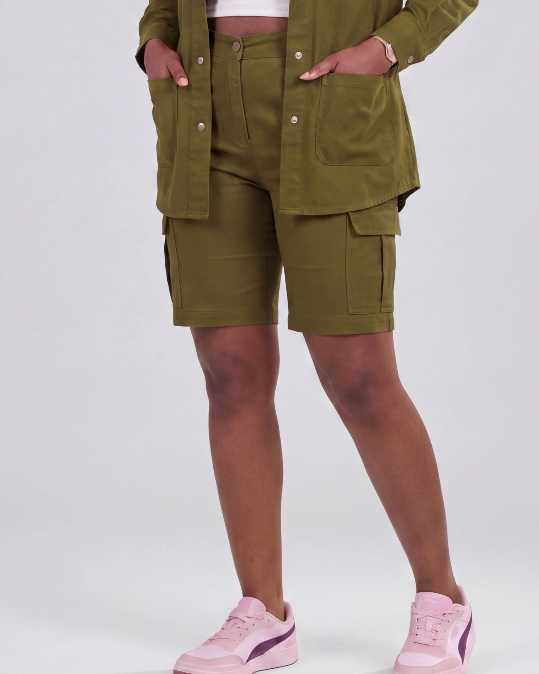 Women's Relaxed Cargo Shorts + Snap-Button Overshirt Set