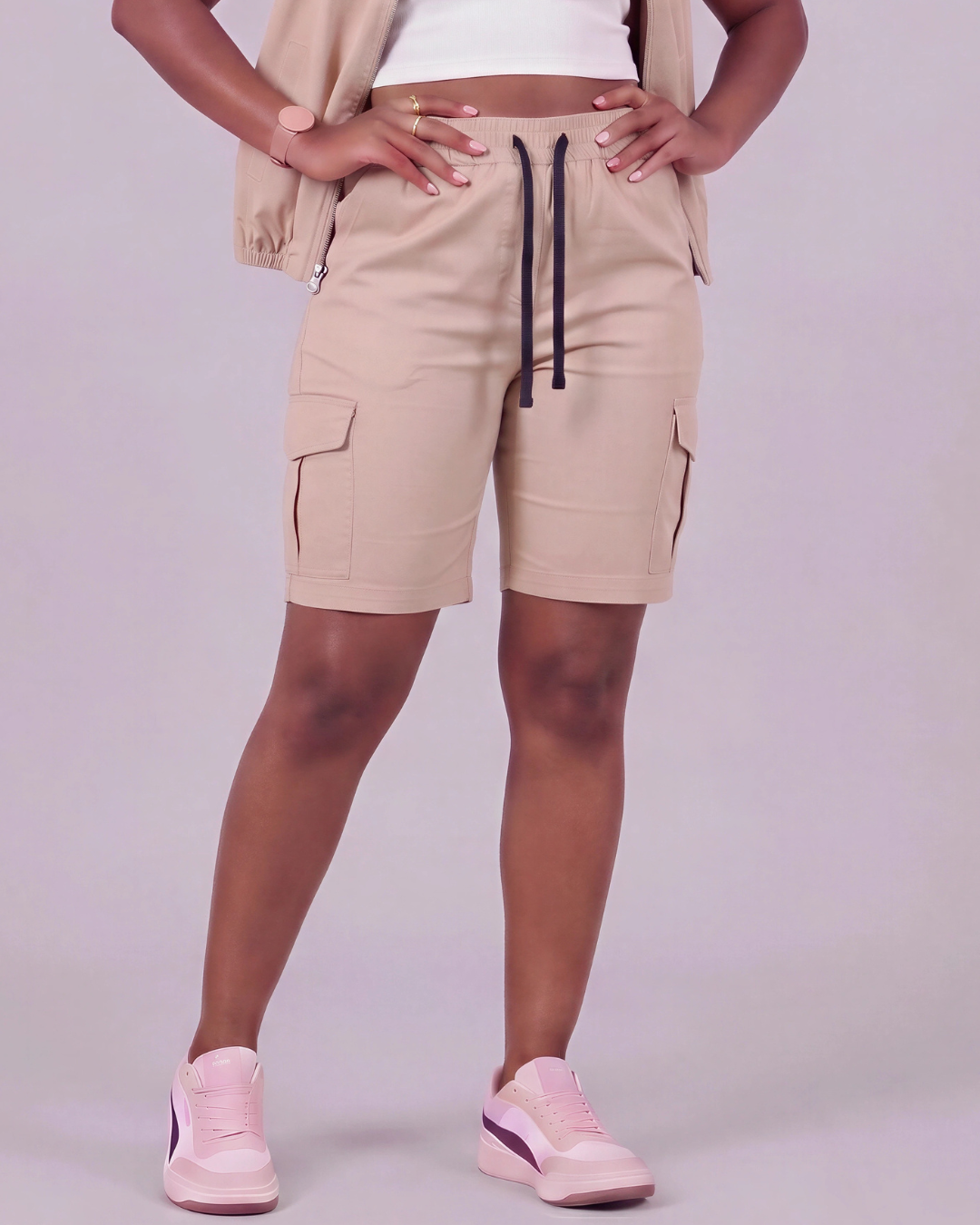 Women's Tapered Cargo Shorts + Twill Vest Set