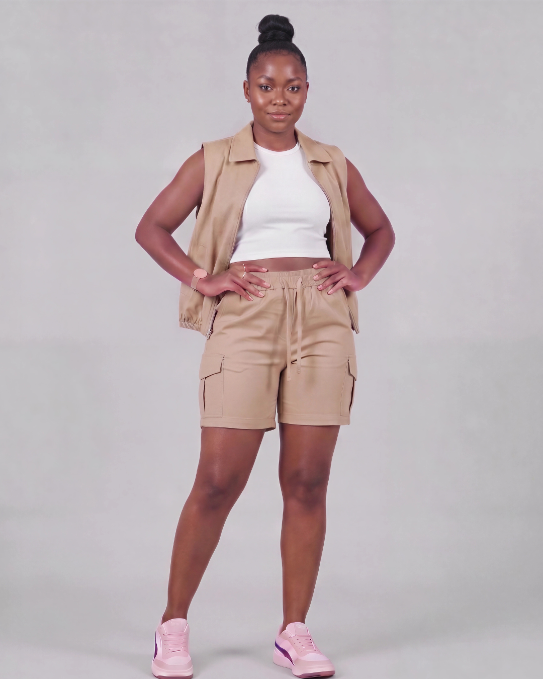 Women's Tapered Cargo Shorts + Twill Vest Set