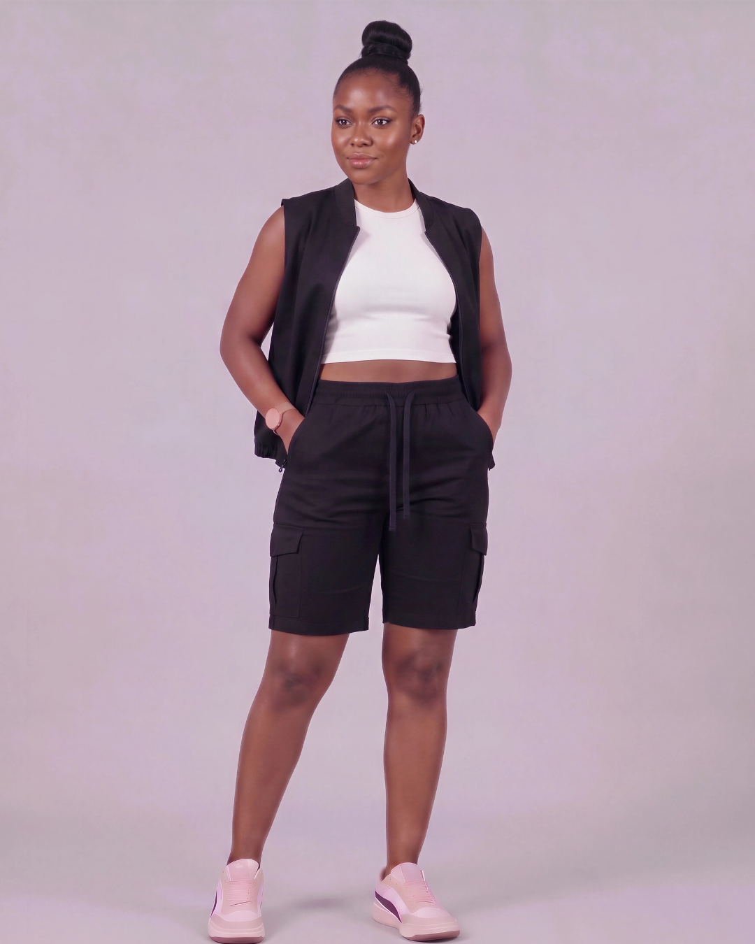Women's Tapered Cargo Shorts + Twill Vest Set