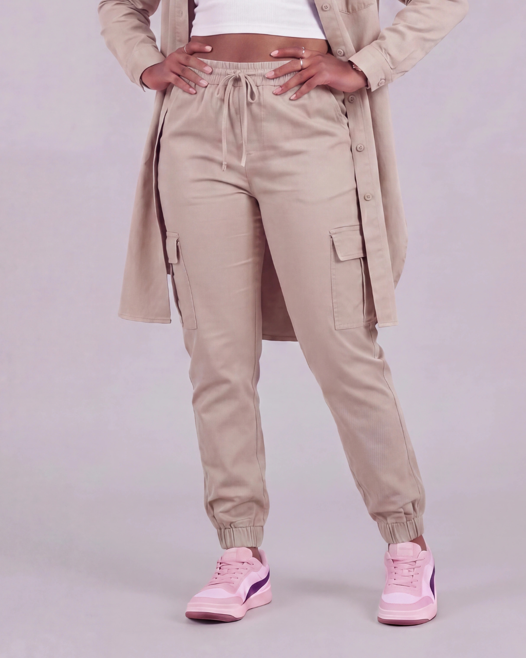 Women's Tapered Cargo Pants + Long-Line Overshirt Set