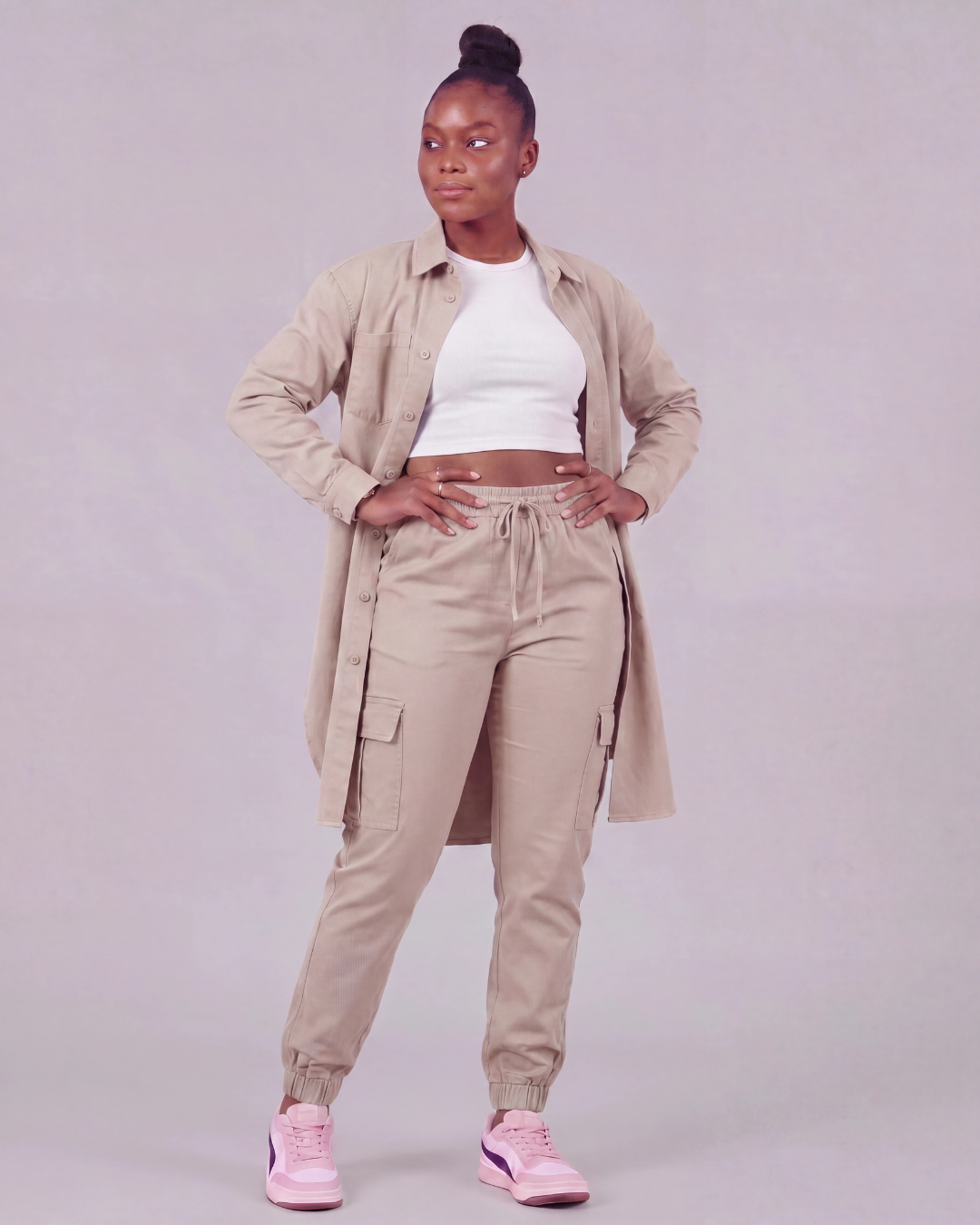 Women's Tapered Cargo Pants + Long-Line Overshirt Set