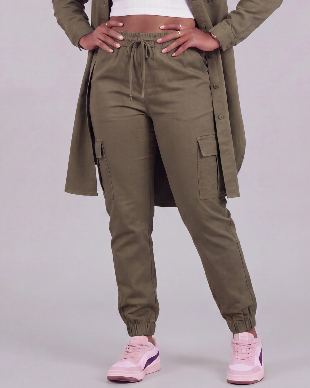 Women's Tapered Cargo Pants + Long-Line Overshirt Set