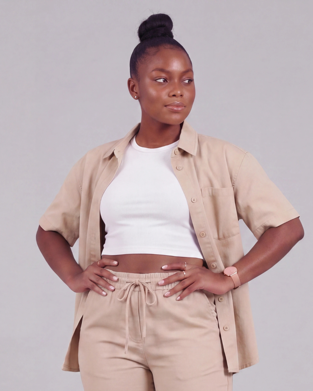 Women's Drawstring Chino Pants + Short-Sleeve Overshirt Set