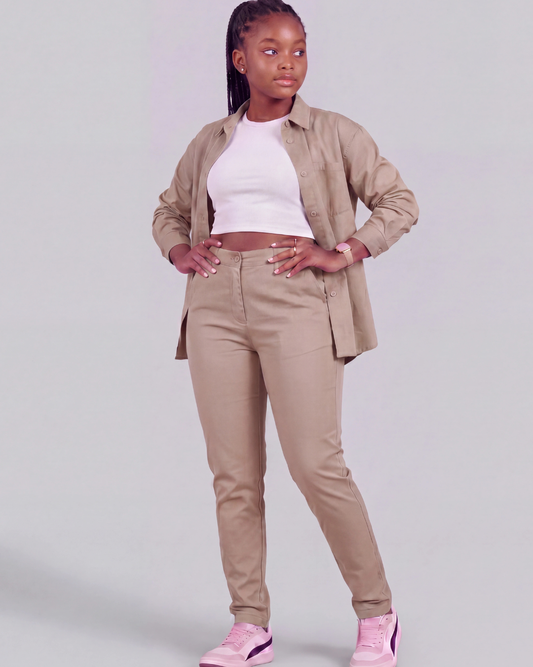 Girls' Classic Chino Pants + Classic Long-Sleeve Overshirt Set