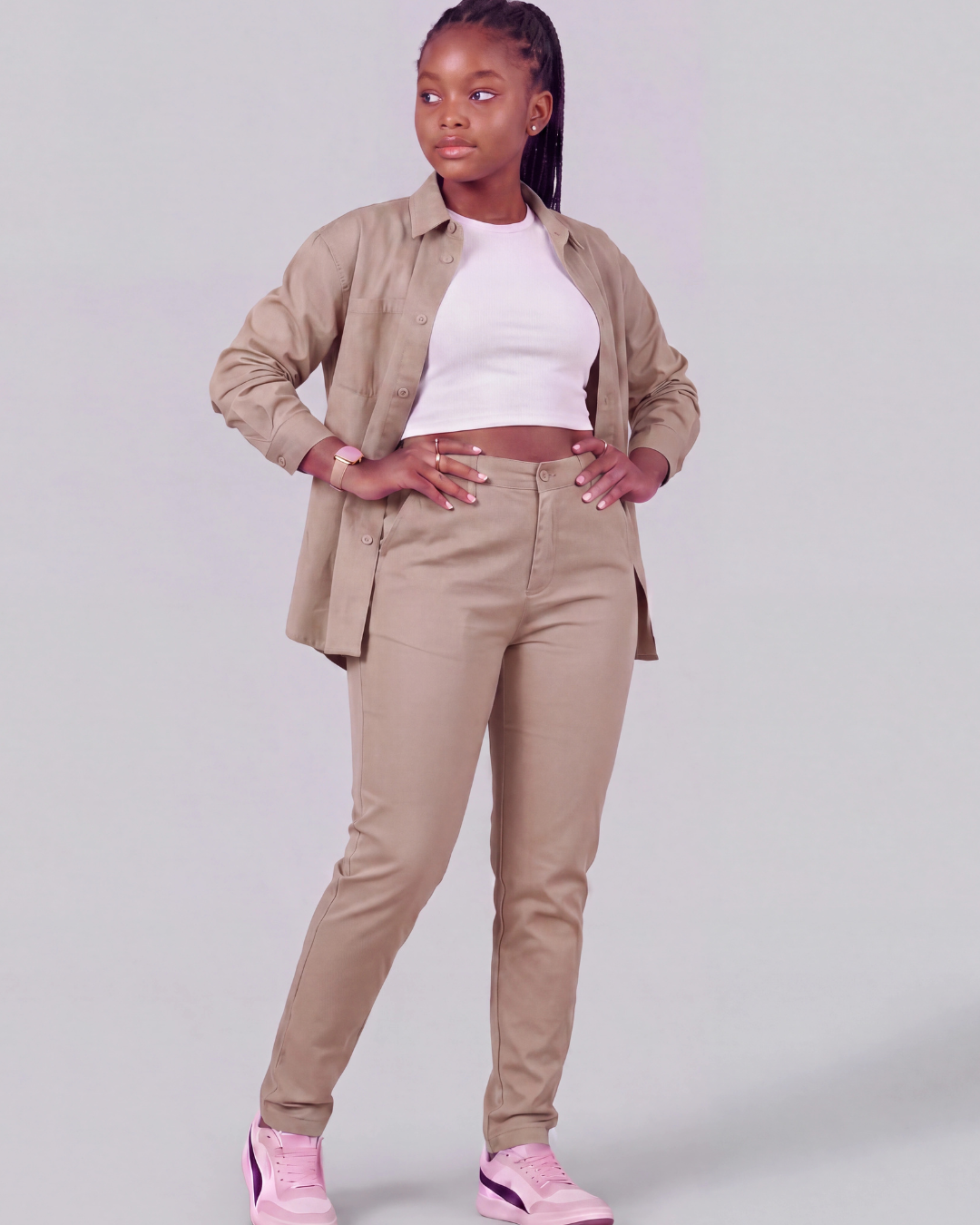 Girls' Classic Chino Pants + Classic Long-Sleeve Overshirt Set