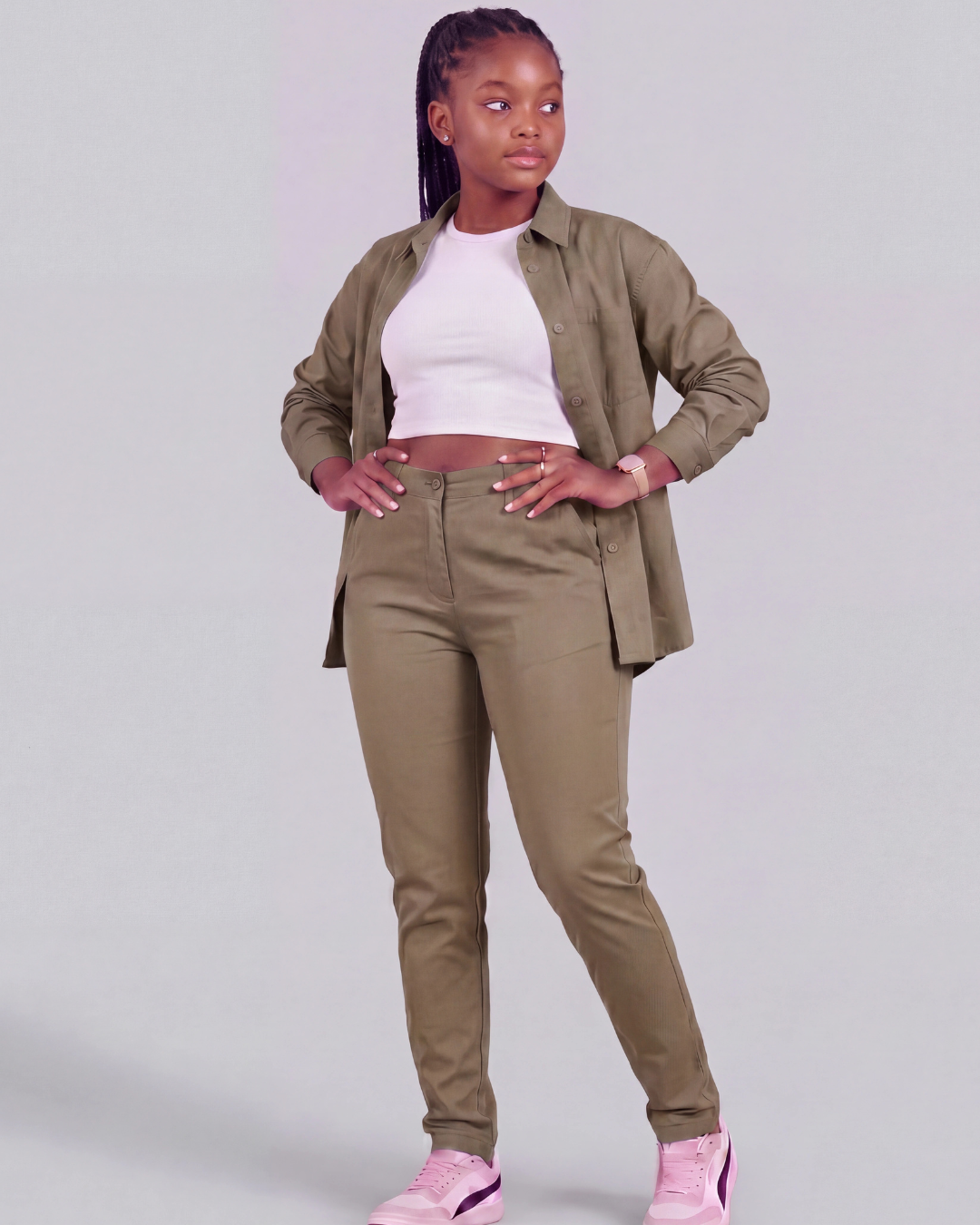 Girls' Classic Chino Pants + Classic Long-Sleeve Overshirt Set