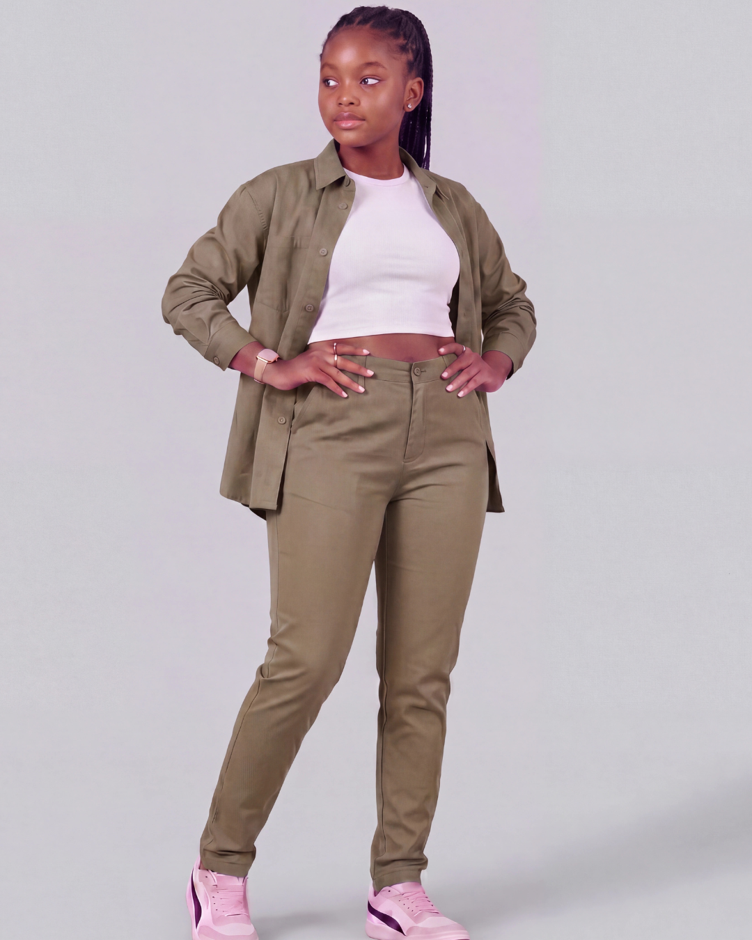 Girls' Classic Chino Pants + Classic Long-Sleeve Overshirt Set