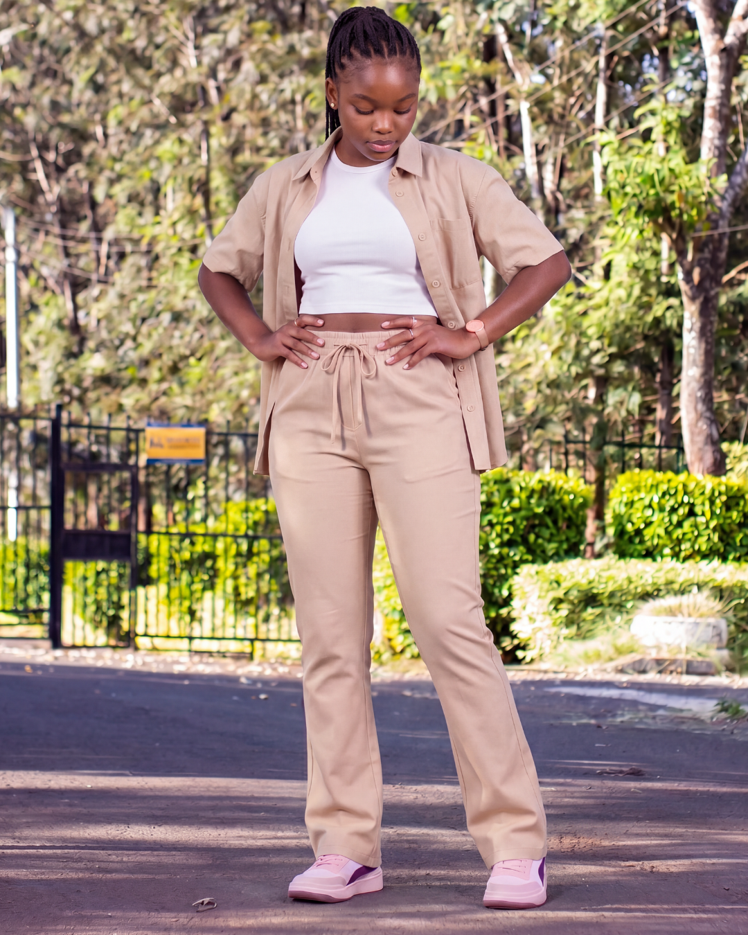 Girls' Drawstring Chino Pants + Short-Sleeve Overshirt Set