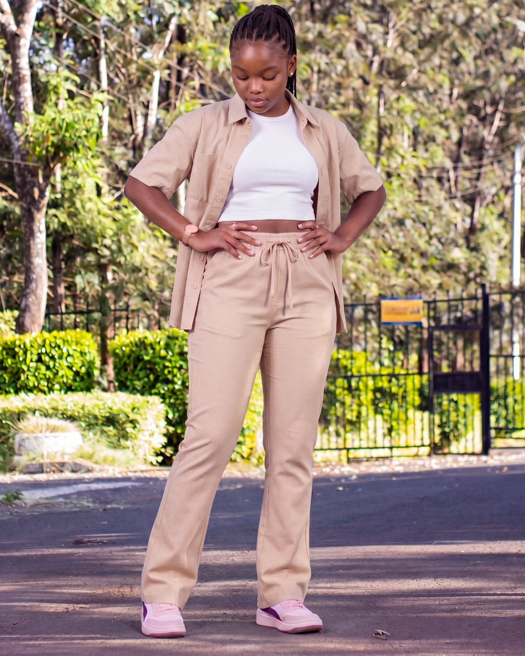 Girls' Drawstring Chino Pants + Short-Sleeve Overshirt Set