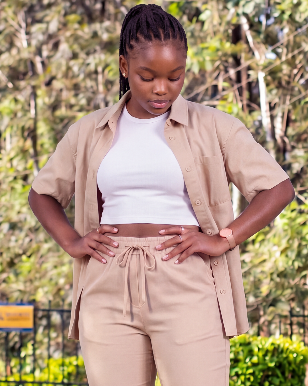 Girls' Drawstring Chino Pants + Short-Sleeve Overshirt Set