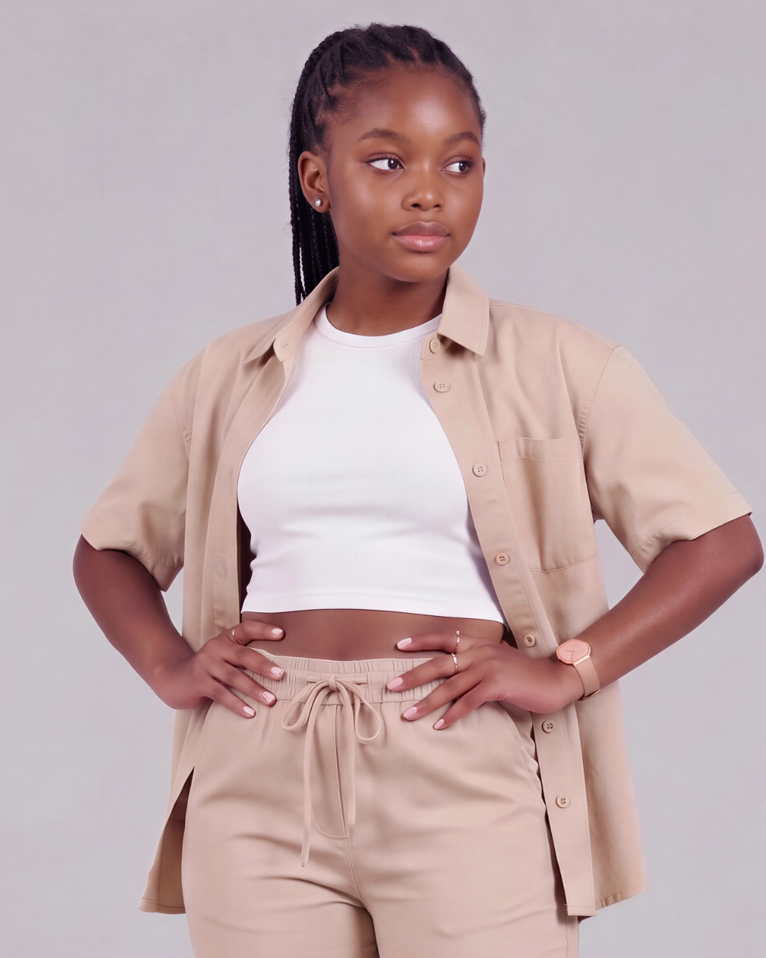 Girls' Drawstring Chino Pants + Short-Sleeve Overshirt Set