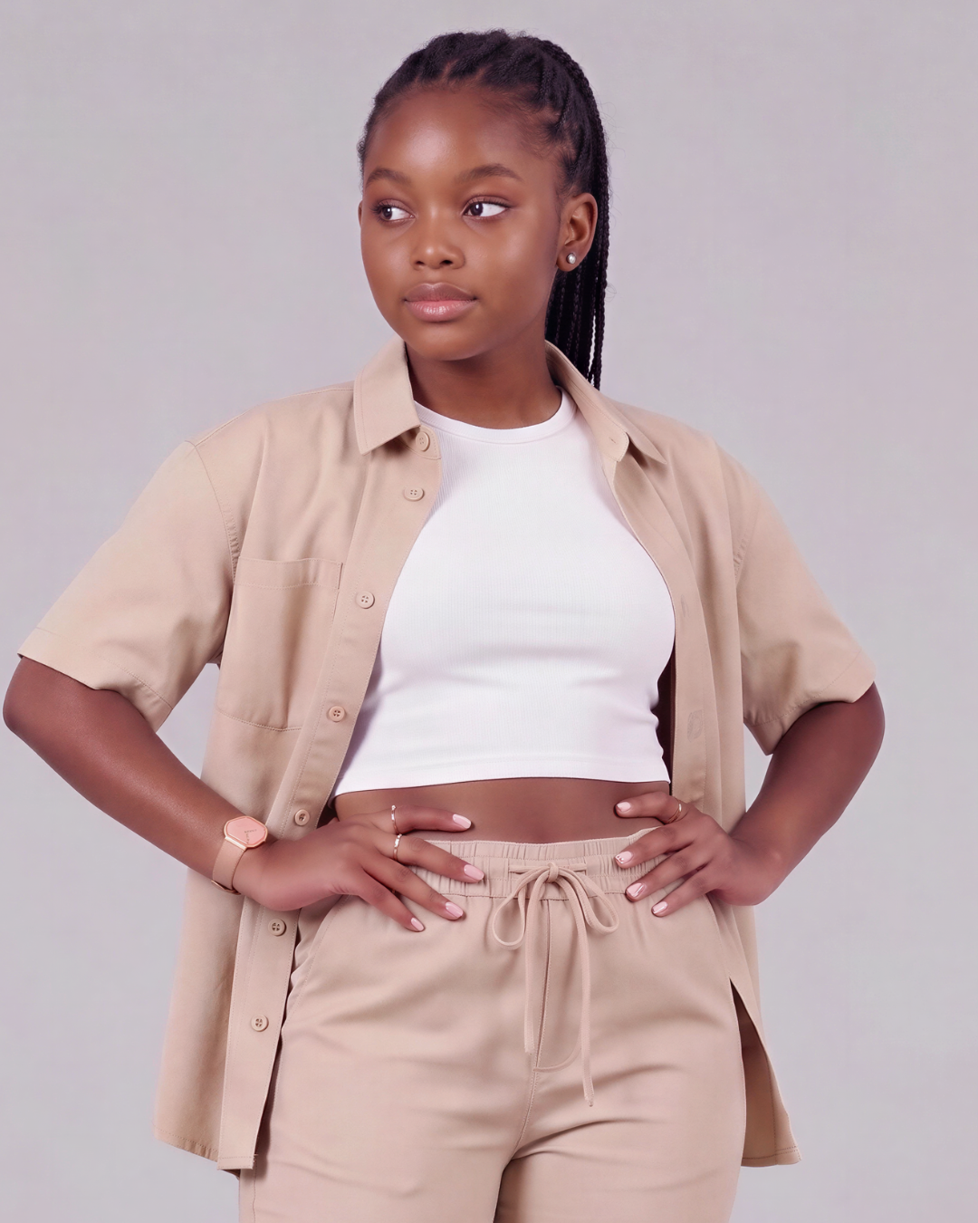 Girls' Drawstring Chino Pants + Short-Sleeve Overshirt Set