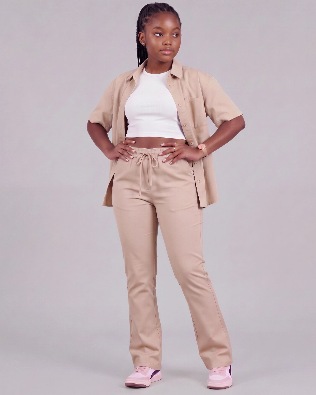 Girls' Drawstring Chino Pants + Short-Sleeve Overshirt Set
