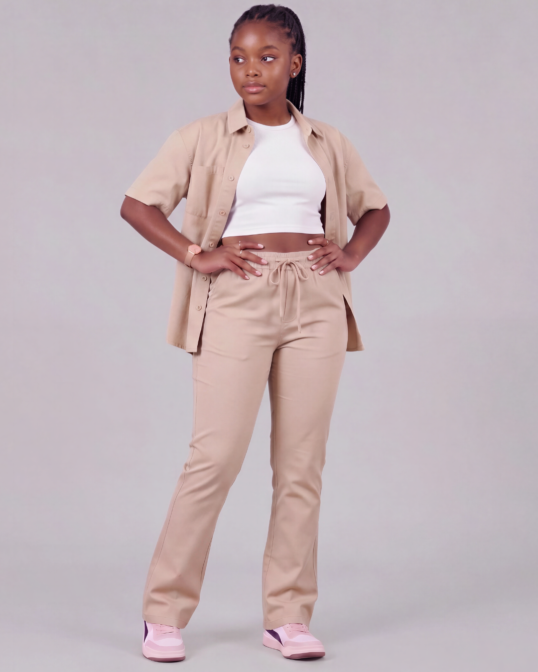 Girls' Drawstring Chino Pants + Short-Sleeve Overshirt Set