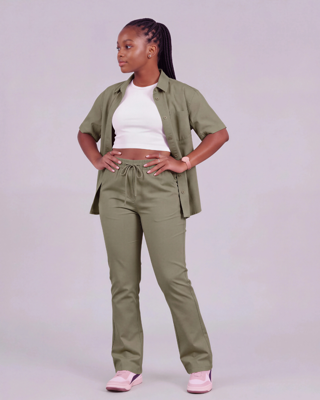 Girls' Drawstring Chino Pants + Short-Sleeve Overshirt Set