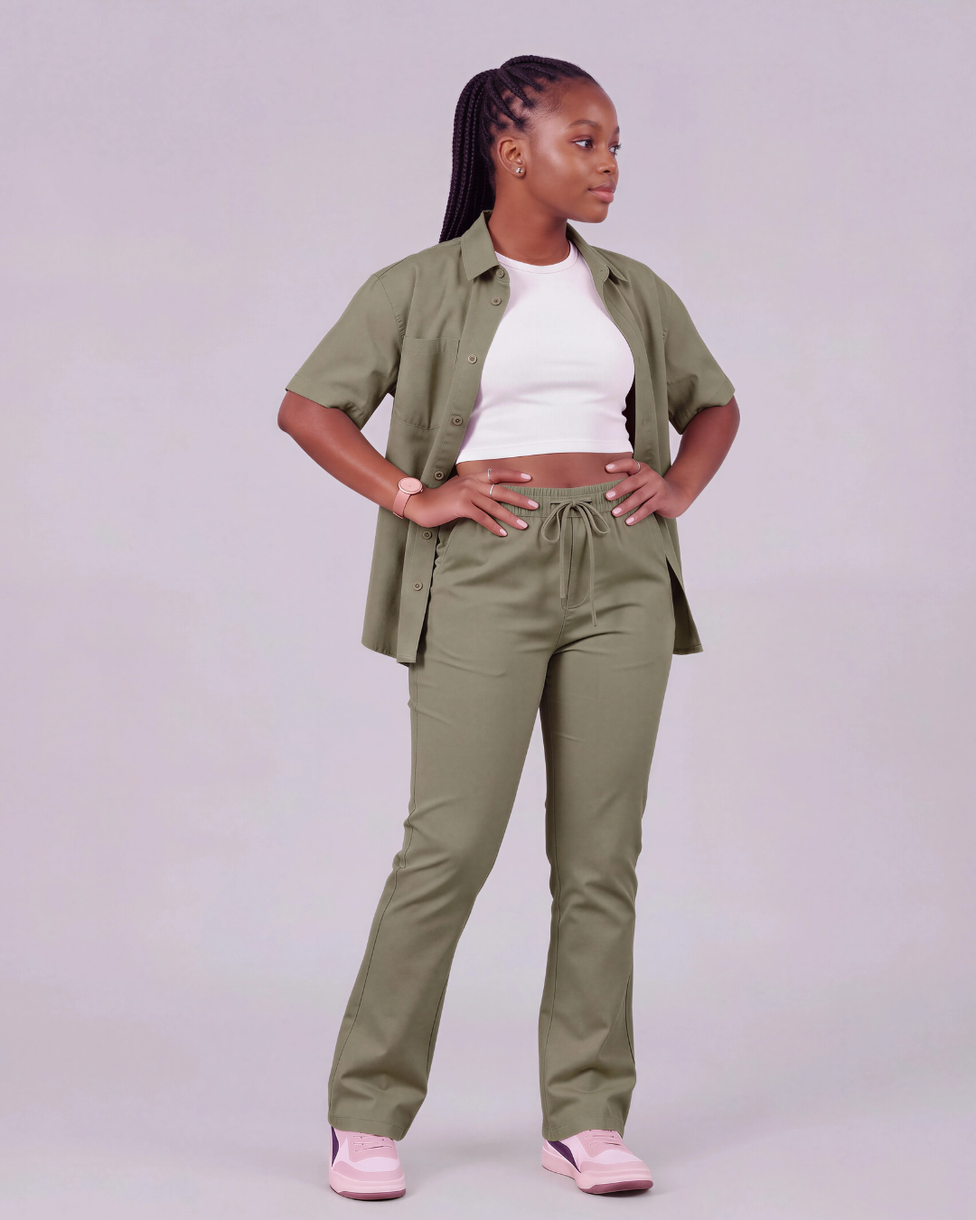 Girls' Drawstring Chino Pants + Short-Sleeve Overshirt Set