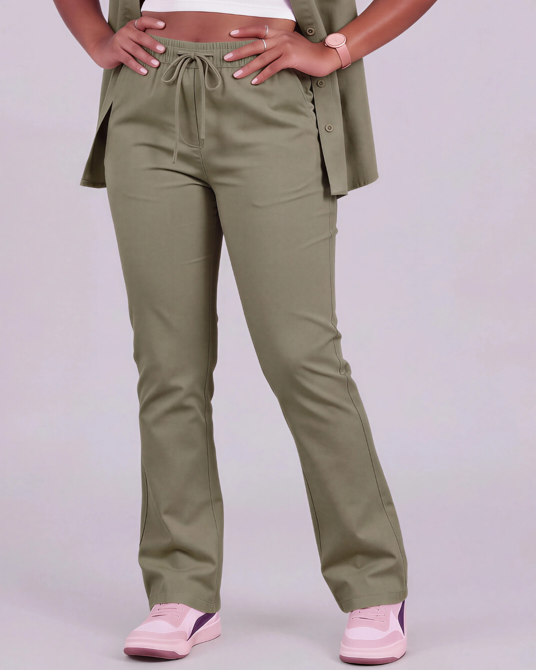 Girls' Drawstring Chino Pants + Short-Sleeve Overshirt Set