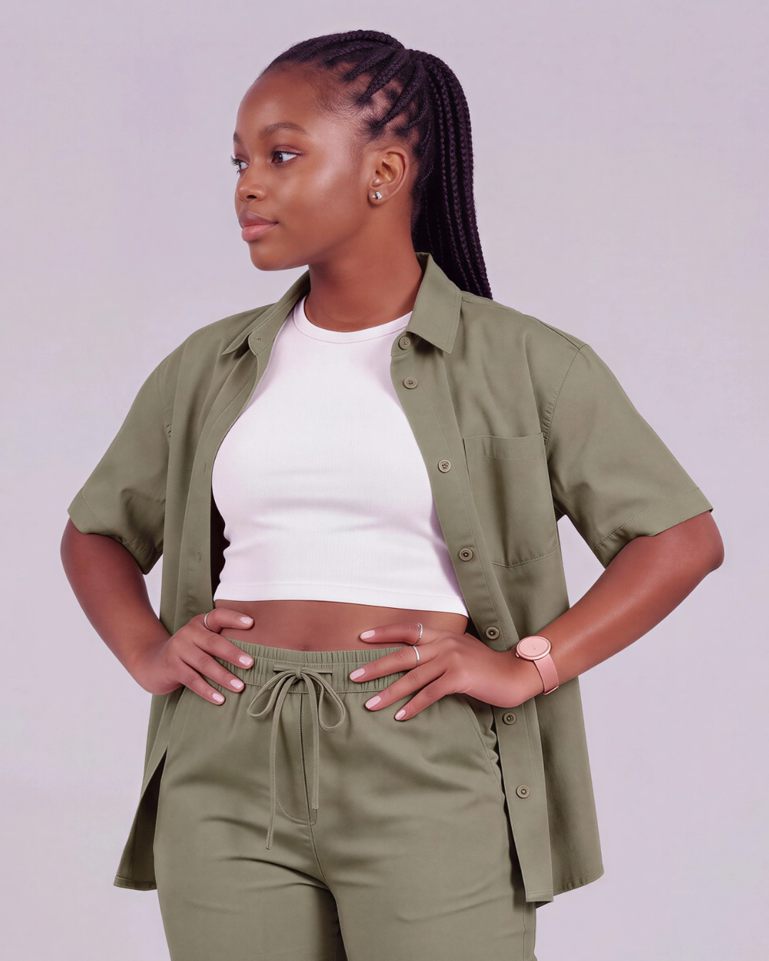 Girls' Drawstring Chino Pants + Short-Sleeve Overshirt Set