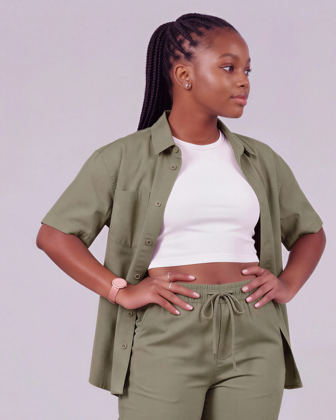 Girls' Drawstring Chino Pants + Short-Sleeve Overshirt Set