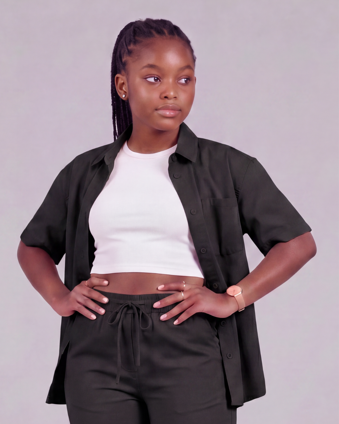 Girls' Drawstring Chino Pants + Short-Sleeve Overshirt Set