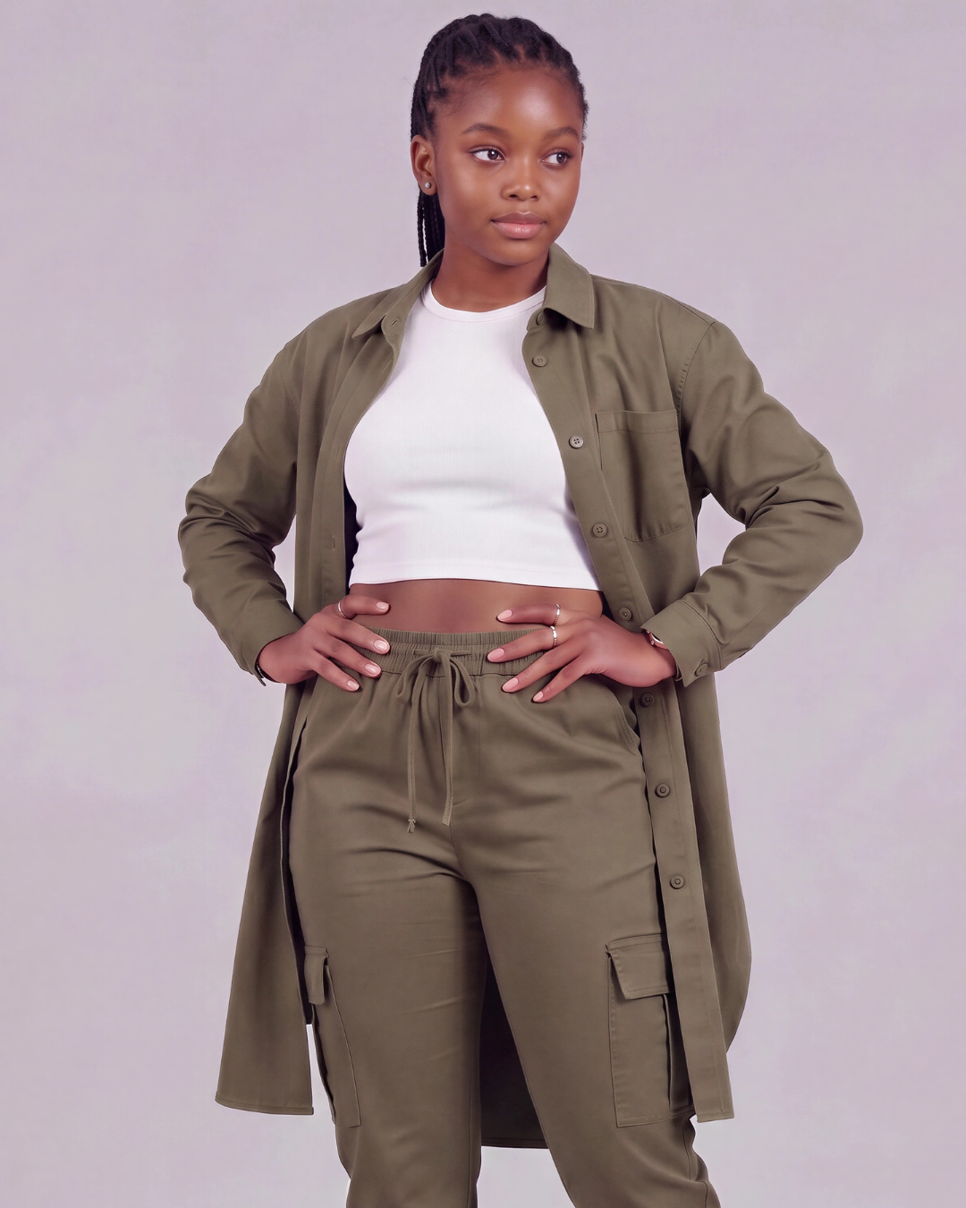 Girls' Tapered Cargo Pants + Long-Line Overshirt Set