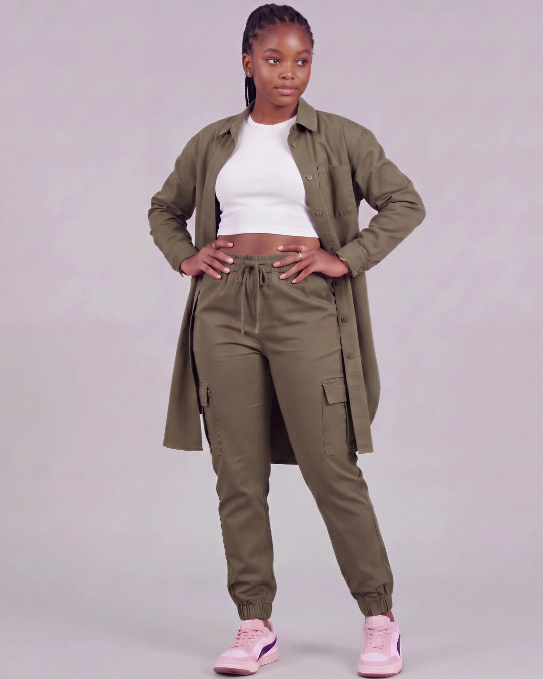 Girls' Tapered Cargo Pants + Long-Line Overshirt Set