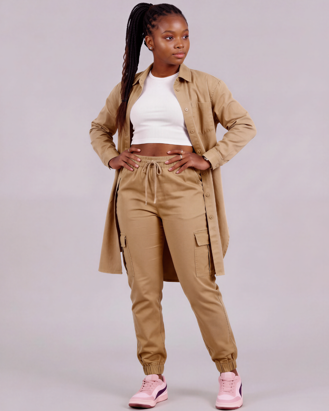 Girls' Tapered Cargo Pants + Long-Line Overshirt Set