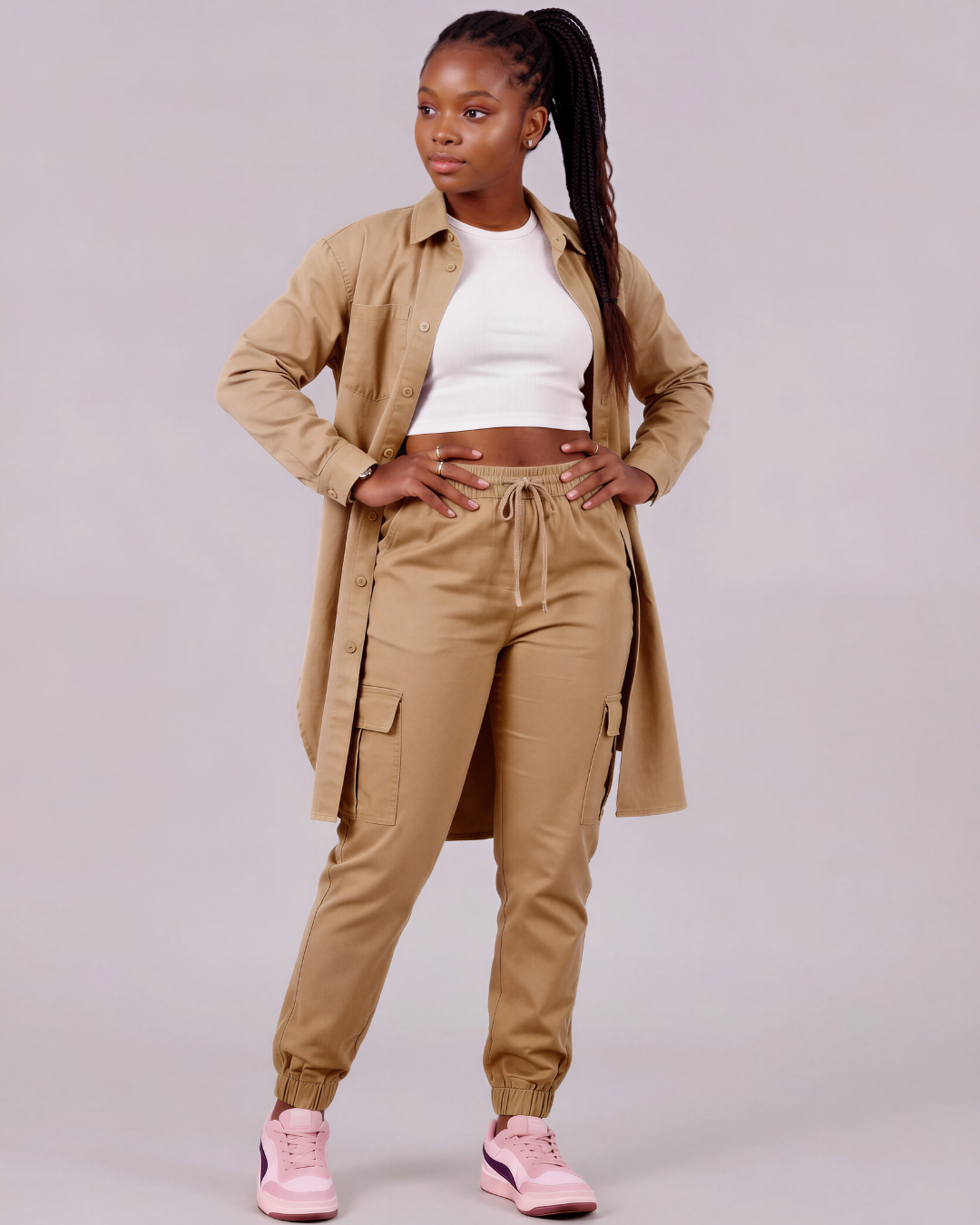 Girls' Tapered Cargo Pants + Long-Line Overshirt Set